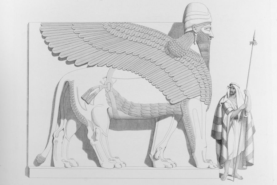 Drawing: a lamassu; a gate guardian. From the 1850's.