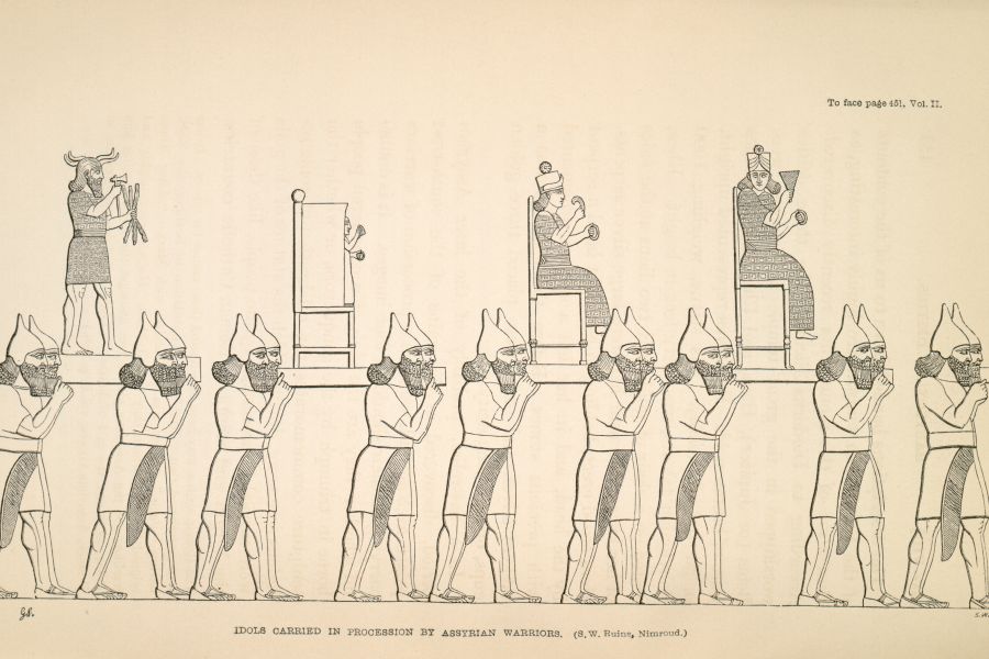 Drawing: parade - sculptures of assyrian gods.