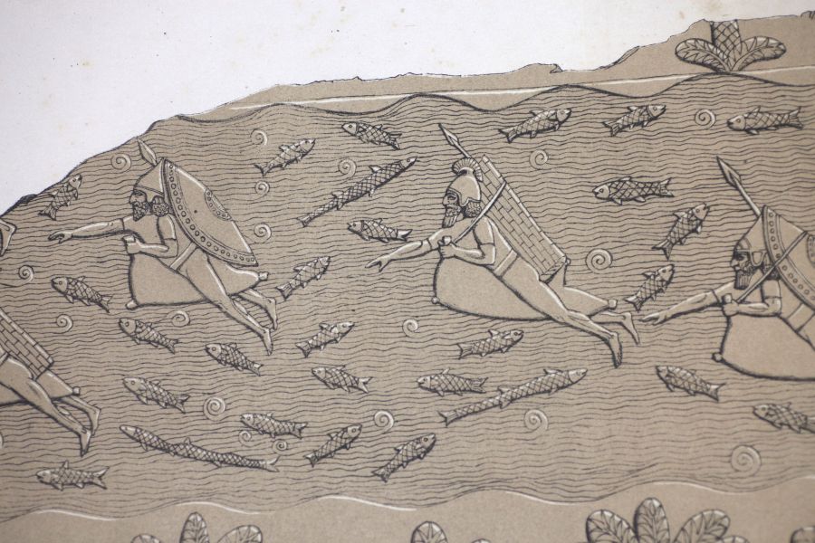 Drawing: assyrian soldiers swimming using inflated animal skins.