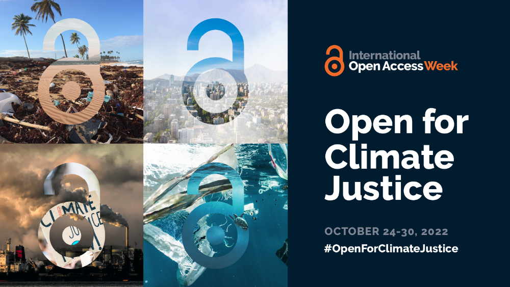 Header with images from around the world with open access logo and the text Open for Climate Justice 