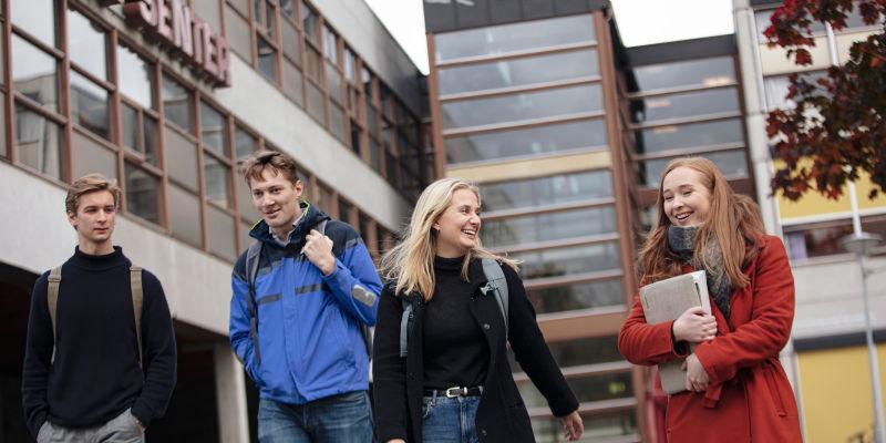 Four Marine Technology students walking outside. Photo: Geir Mogen/NTNU.
