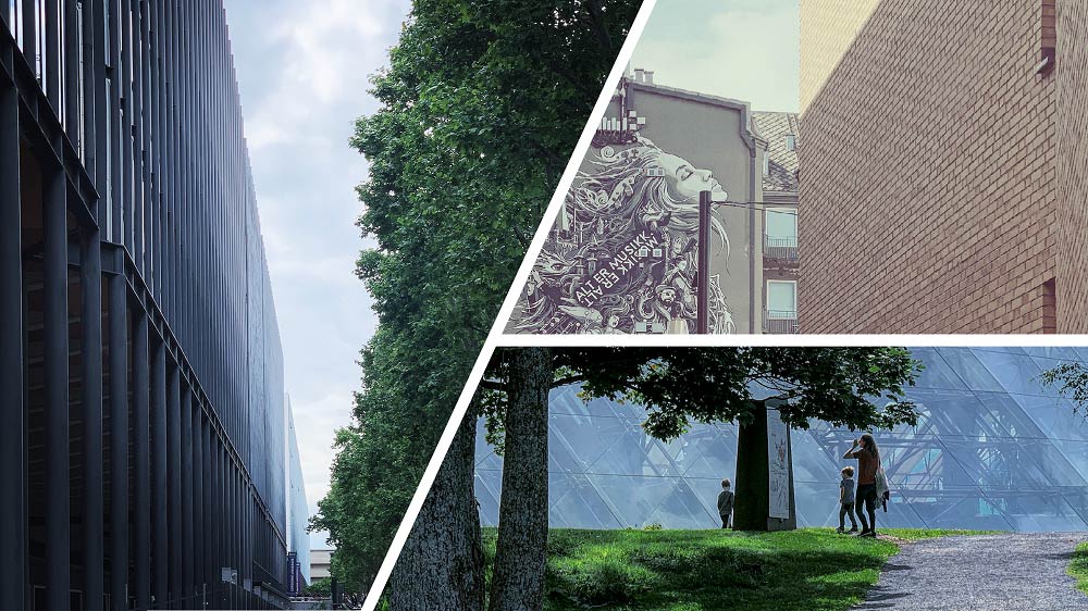 Three photos with buildings