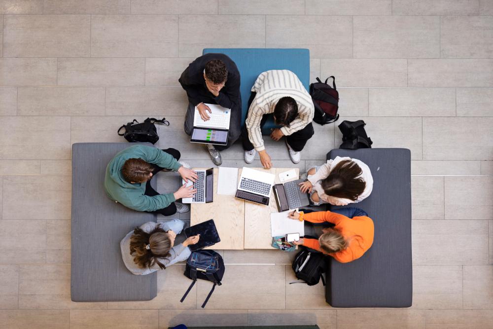 Working students photographed from above. Photo