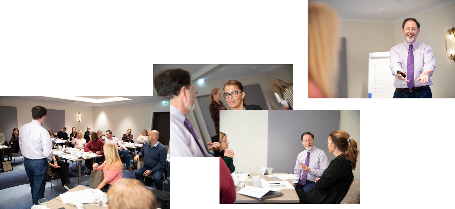 Image montage: People around desks in seminar room, Jackson Nickerson speaking, participants