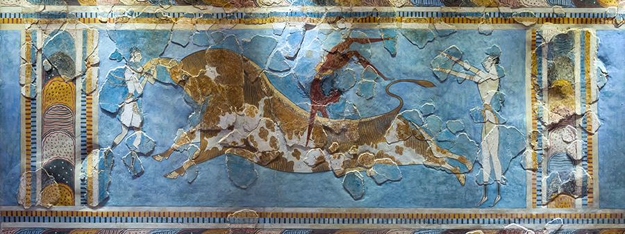 Jumping bull. Hellenistic fresco from 1450 BC.