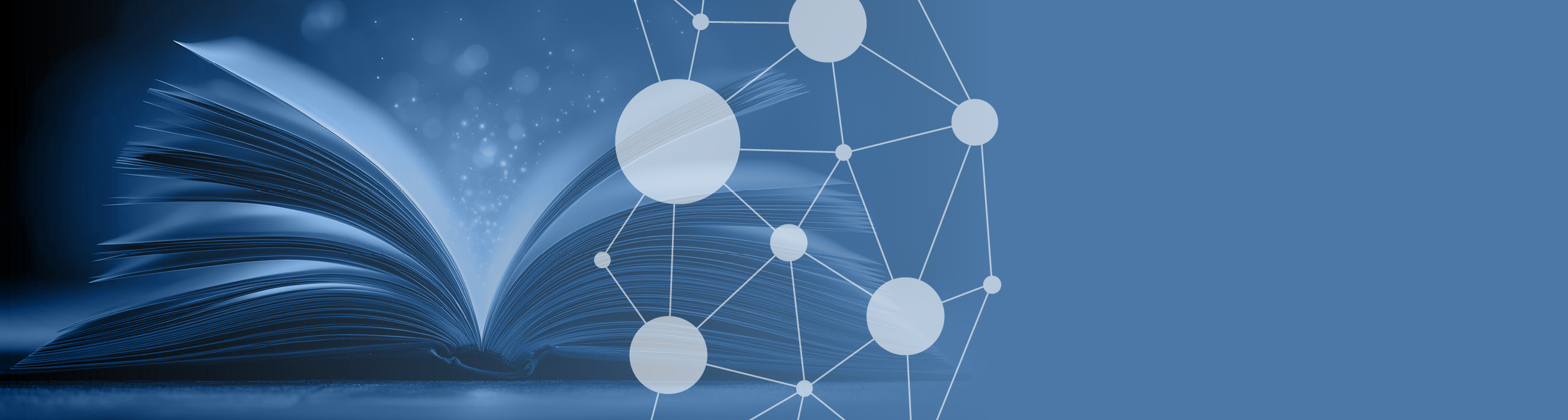 Illustration of an open book and a network, with blue surroundings