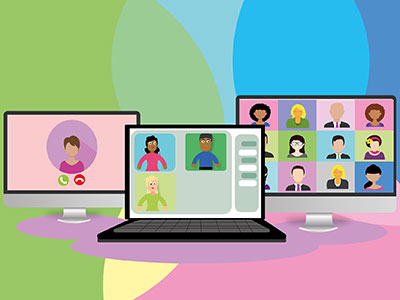 Illustration of computers with a webinar on the screen. Illustration: Pixabay