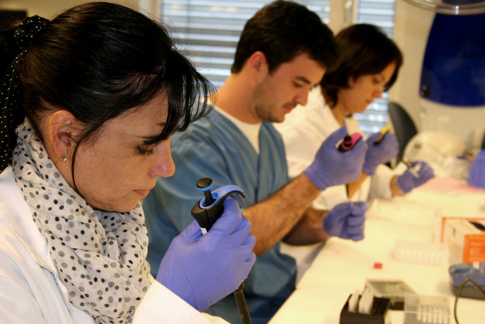 Three persons working in the lab
